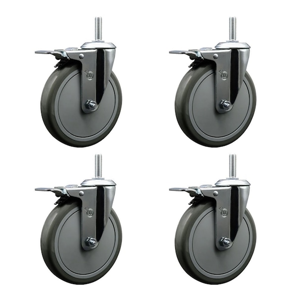 6 Inch Gray Polyurethane Swivel 34 Inch Threaded Stem Caster Set with Total Lock Brake
